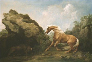 動物 Painting - ライオンにおびえる馬